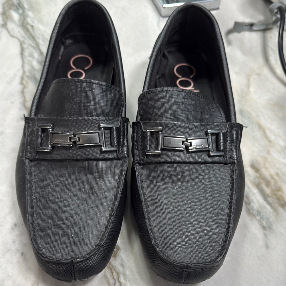 Calvin Klein Black Leather Loafers with Metal Buckle